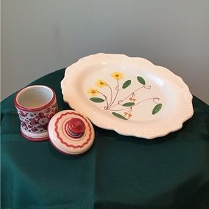 Deruta Arabesco 2pcs Hand Painted Little Jar with‎ Lid & Plate Dish bundle